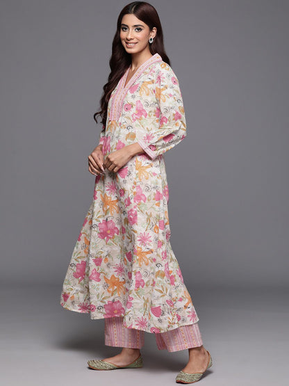 Dhiyona VA Women'sFloral Printed Pure Cotton Anarkali Kurta with Palazzos & Dupatta