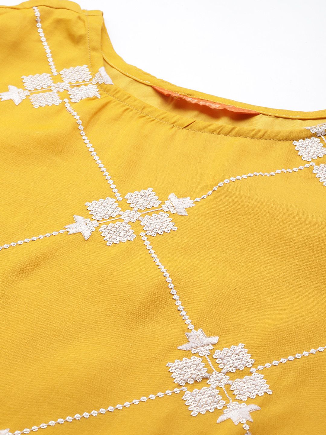 Women Mustard Yellow & White Embroidered Sequinned Kurta with Trousers