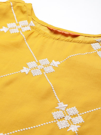 Women Mustard Yellow & White Embroidered Sequinned Kurta with Trousers