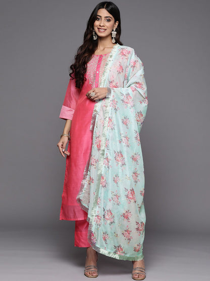 Dhiyona VA Women'sPink & Green Yoke Design Chanderi Silk Kurta with Trousers & With Dupatta