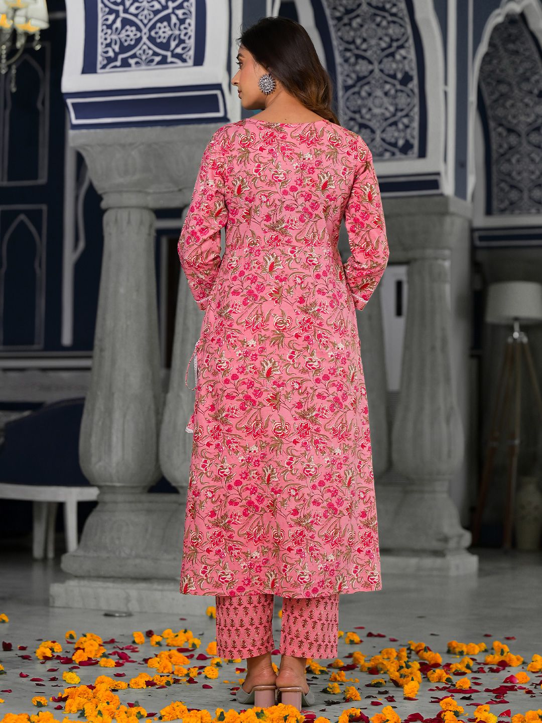 Dhiyona VA Women's Floral Printed Pleated Pure Cotton Kurta with Trousers & With Dupatta