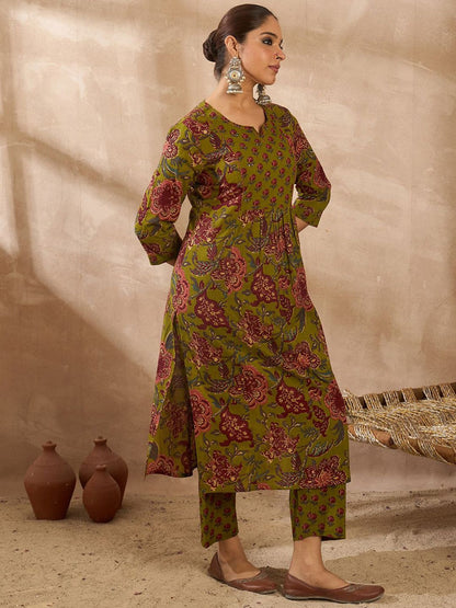 Dhiyona IE Floral Printed Cotton A-Line Tunic With Trousers Co-Ords