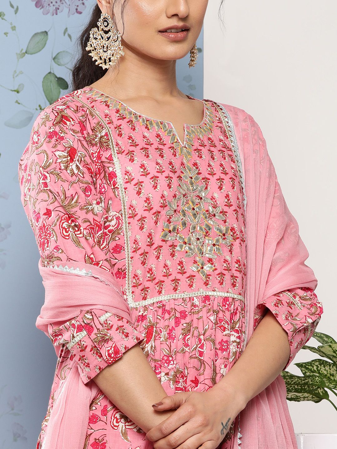 Dhiyona VA Women's Pink Floral Printed Gotta Patti Pure Cotton Kurta with Trousers & With Dupatta