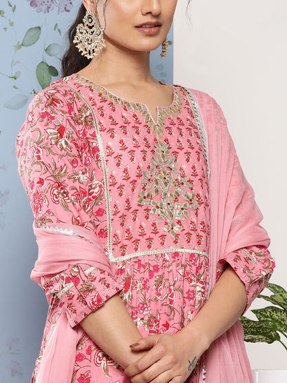 Dhiyona VA Women's Pink Floral Printed Gotta Patti Pure Cotton Kurta with Trousers & With Dupatta