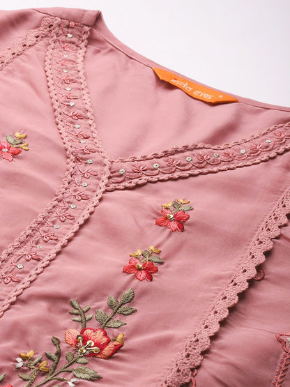 Floral Embroidered Thread Work Kurta with Trousers & With Dupatta