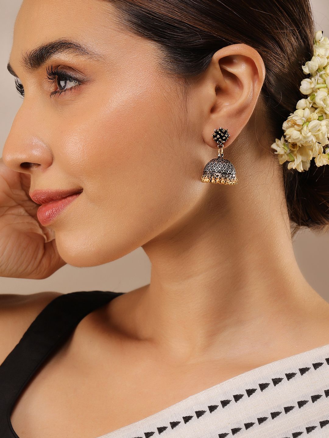 Dhiyona RJ Women's Oxidised Silver-Plated Dual-Tone with Gold Beaded Drops Jhumka Earrings