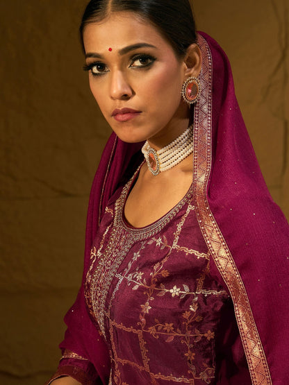 Dhiyona IE Floral Embroidered Straight Kurta With Trousers And Dupatta