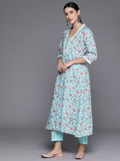 Dhiyona VA Women's Floral Printed Empire Mirror Work Cotton Kurta with Trousers & With Dupatta