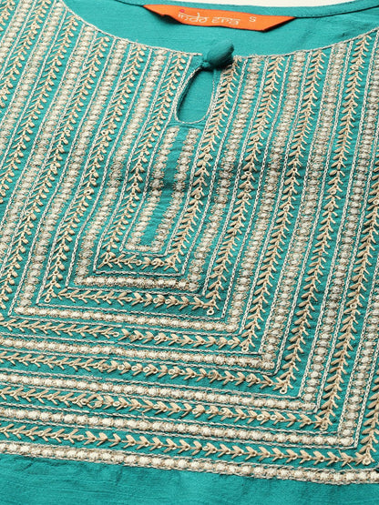 Dhiyona IE Women Sea Green Yoke Design Keyhole Neck Flared Sleeves Chanderi Silk Chanderi Silk Kurta