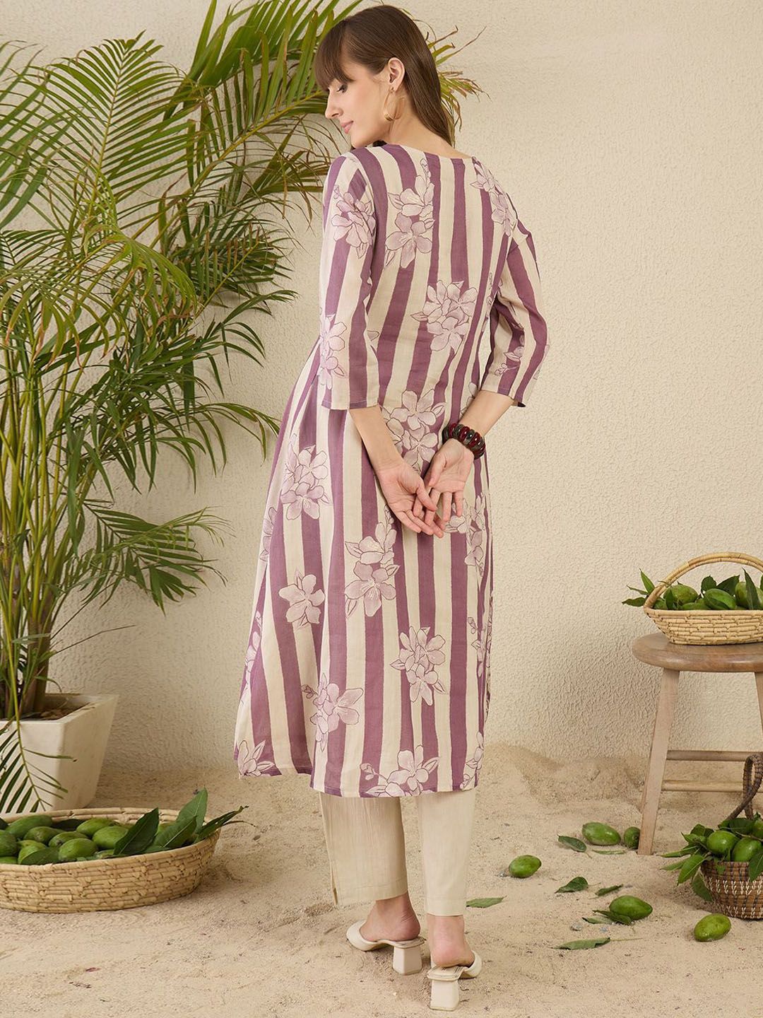 Floral Screen Printed Notch Neck A-Line Pure Cotton Kurta With Trousers
