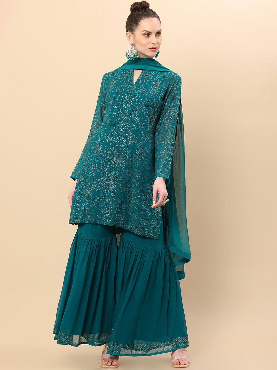 Dhiyona SO Women's Women Green Ethnic Motifs Kurti with Sharara & Dupatta