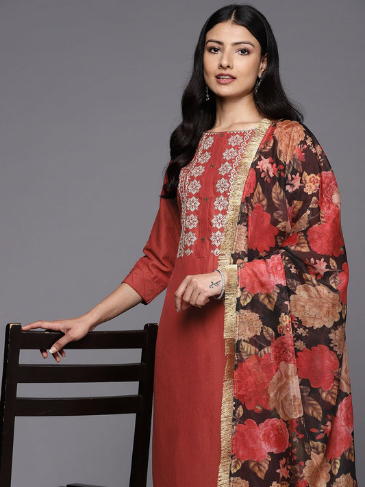 Dhiyona VA Women'sEthnic Motifs Embroidered Thread Work Kurta With Trousers & With Dupatta