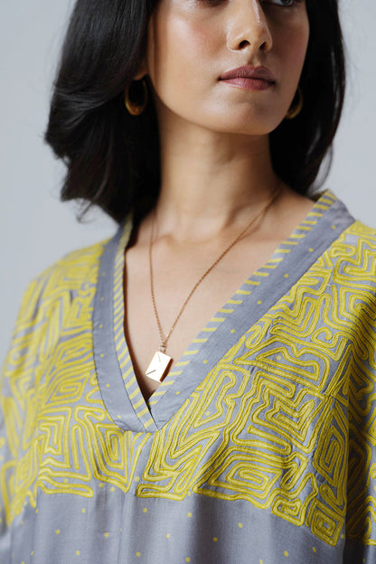 Women's Dove Grey and Olive Gaji Silk Kaftan Set
