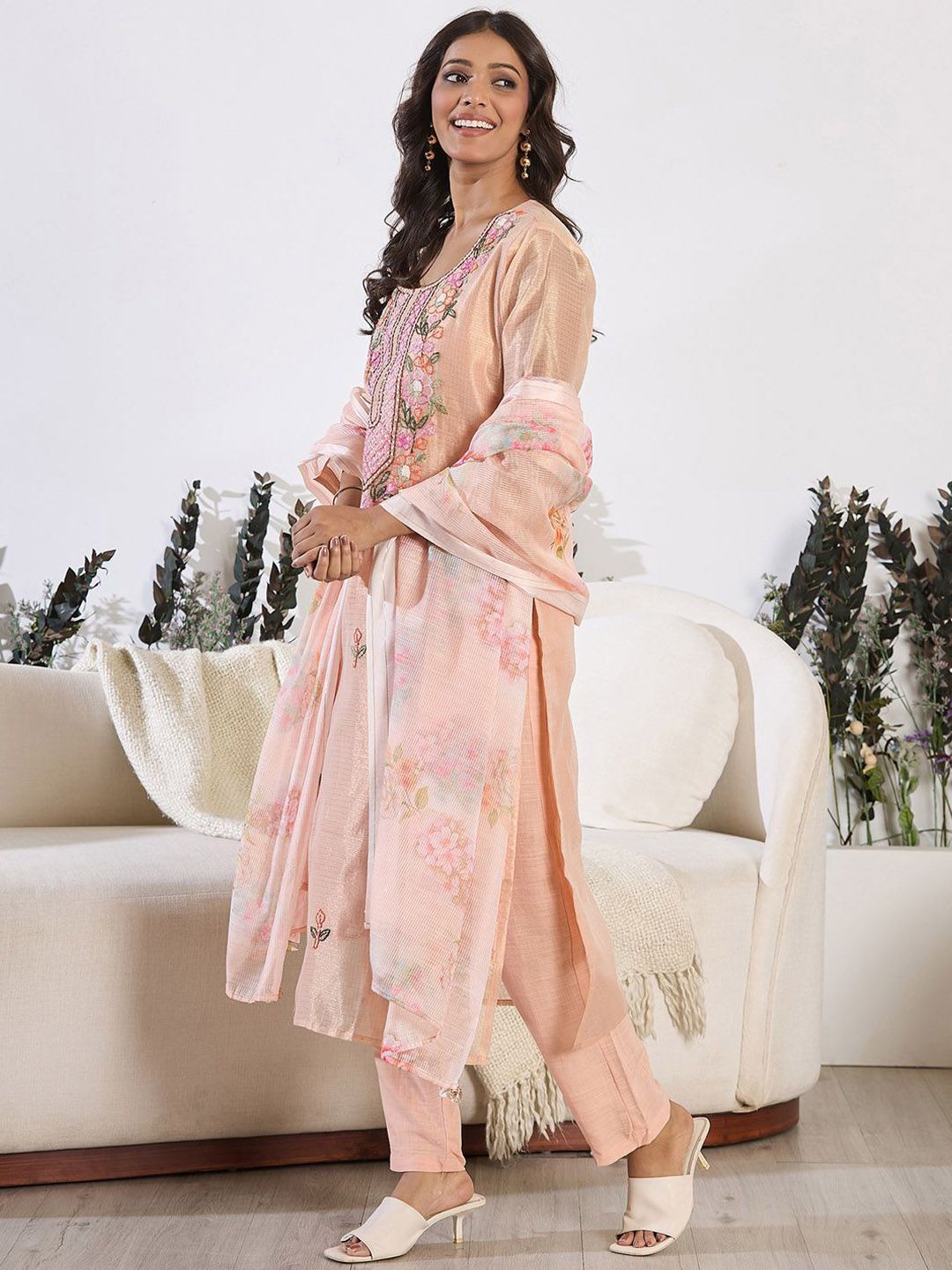 Floral Embroidered Thread Work Pure Cotton Kurta with Trouser & Dupatta