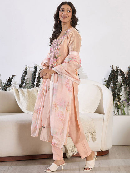 Floral Embroidered Thread Work Pure Cotton Kurta with Trouser & Dupatta