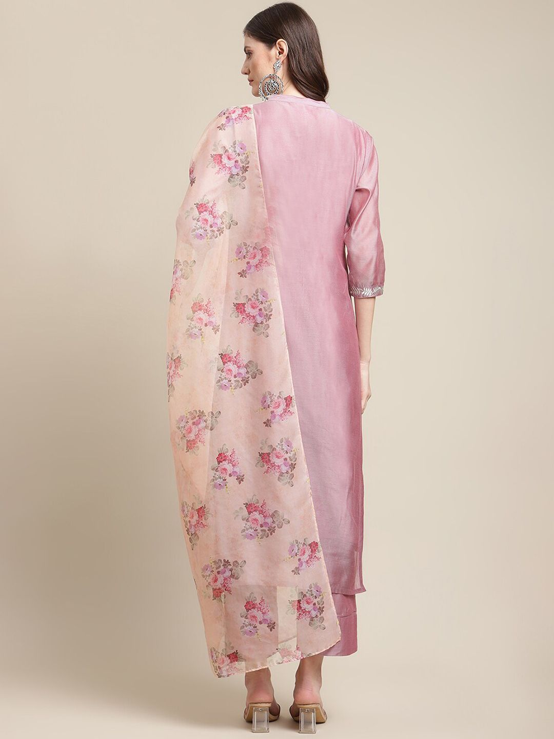 Dhiyona VA Women's Mauve Floral & Peach Yoke Design Chanderi Silk Kurta Set