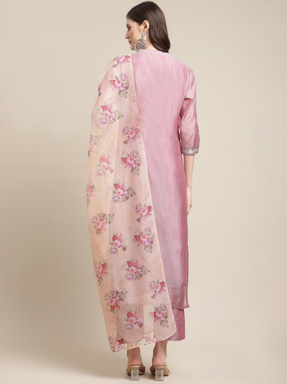 Dhiyona VA Women's Mauve Floral & Peach Yoke Design Chanderi Silk Kurta Set