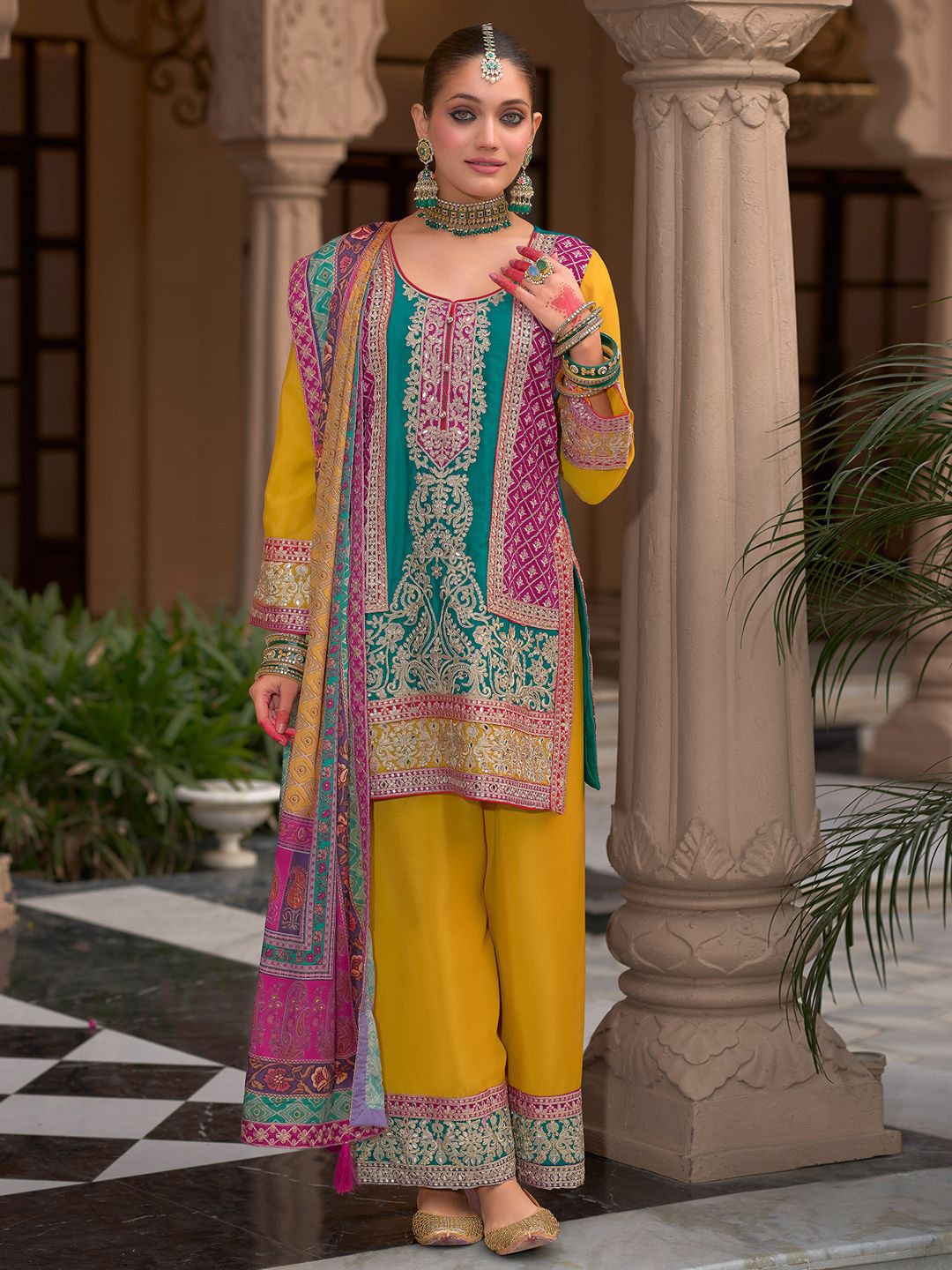 Dhiyona IE Floral Embroidered Round Neck Mirror Work Kura With Palazzos & Dupatta