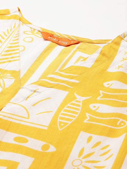 Dhiyona IE Geometric Printed Pleated Pure Cotton Kurta with Trousers