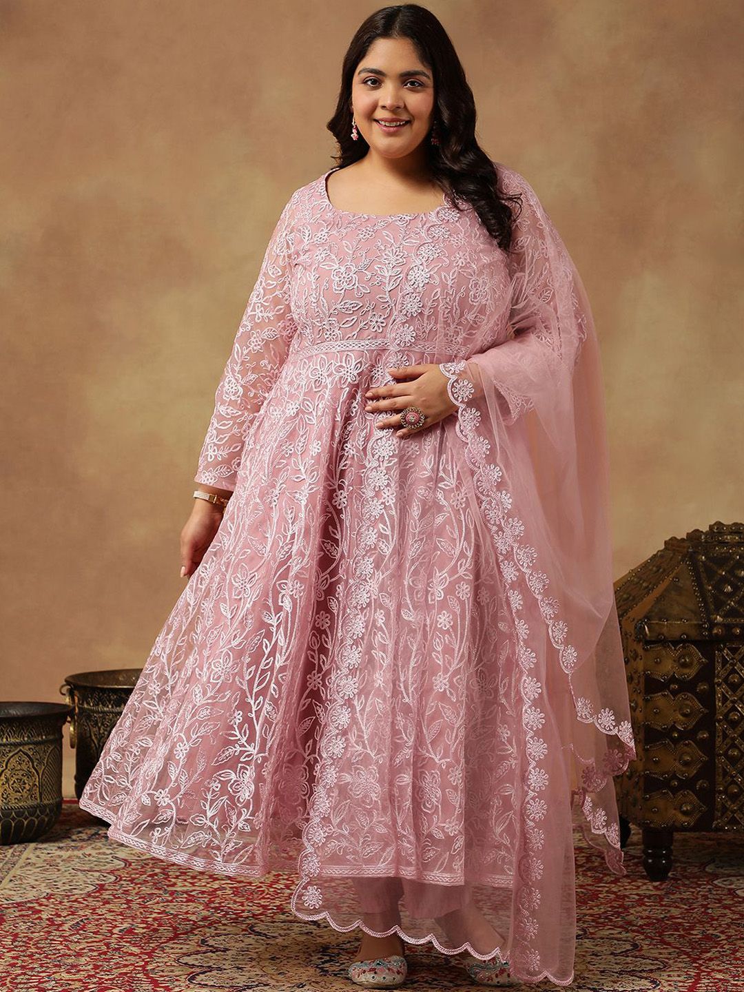 Dhiyona IN Floral Embroidered Regular Thread Work Anarkali Kurta With Trousers & Dupatta