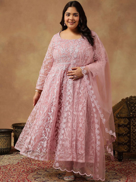 Dhiyona IN Floral Embroidered Regular Thread Work Anarkali Kurta With Trousers & Dupatta