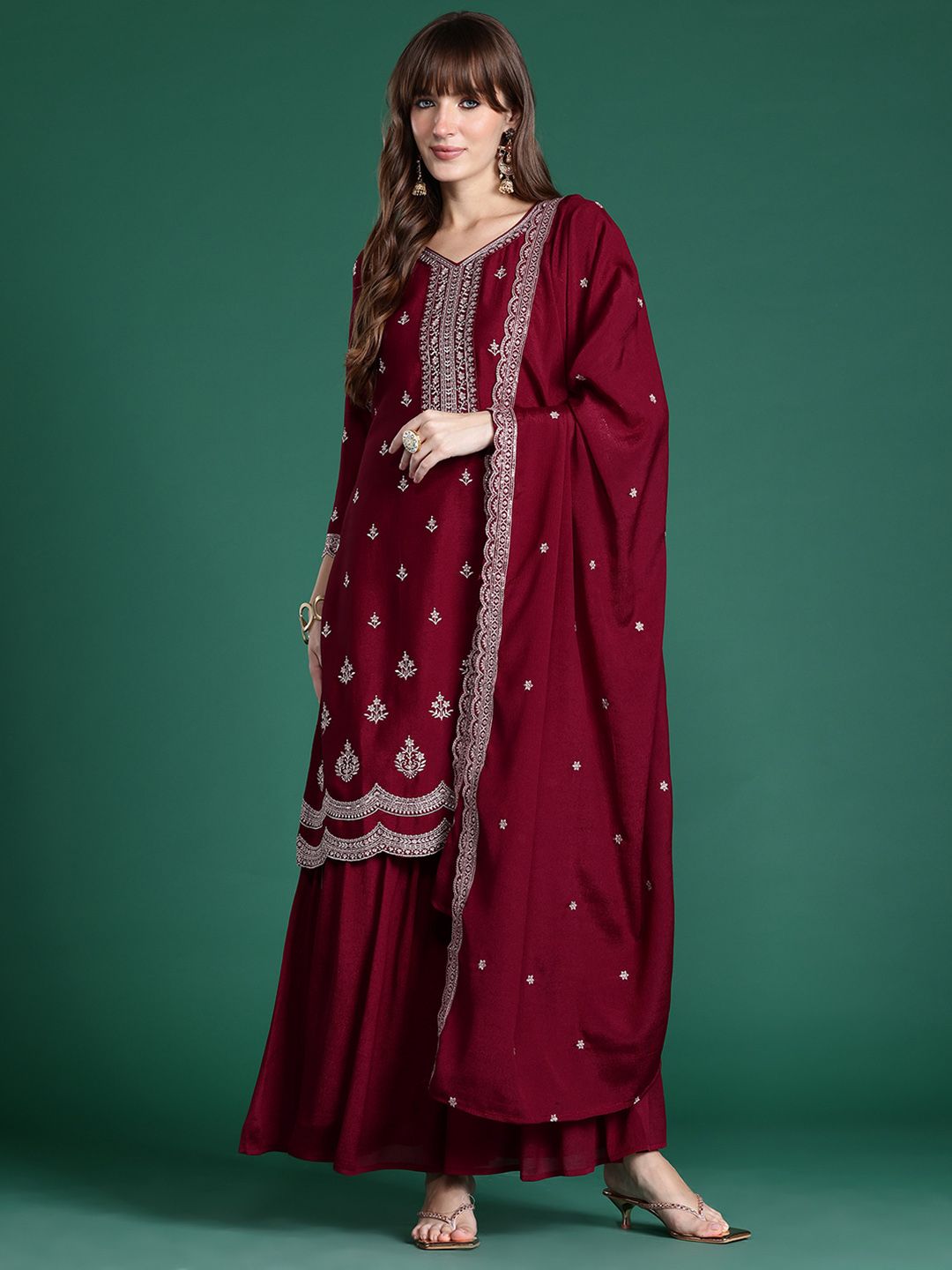 Dhiyona IE Ethnic Motifs Embroidered Kurta with Sharara & Dupatta