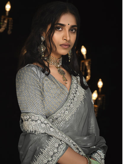 Dhiyona KM Women Graceful Grey Silk Saree With Intricate Silver Embroidery