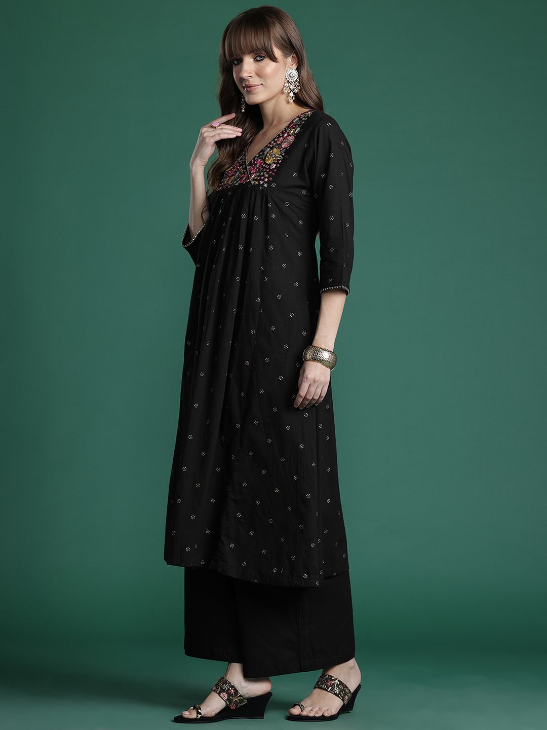 Floral Embroidered Empire Thread Work Pure Cotton Kurta with Palazzos