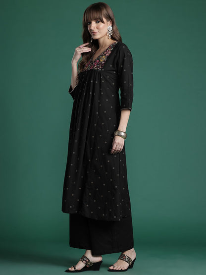 Floral Embroidered Empire Thread Work Pure Cotton Kurta with Palazzos