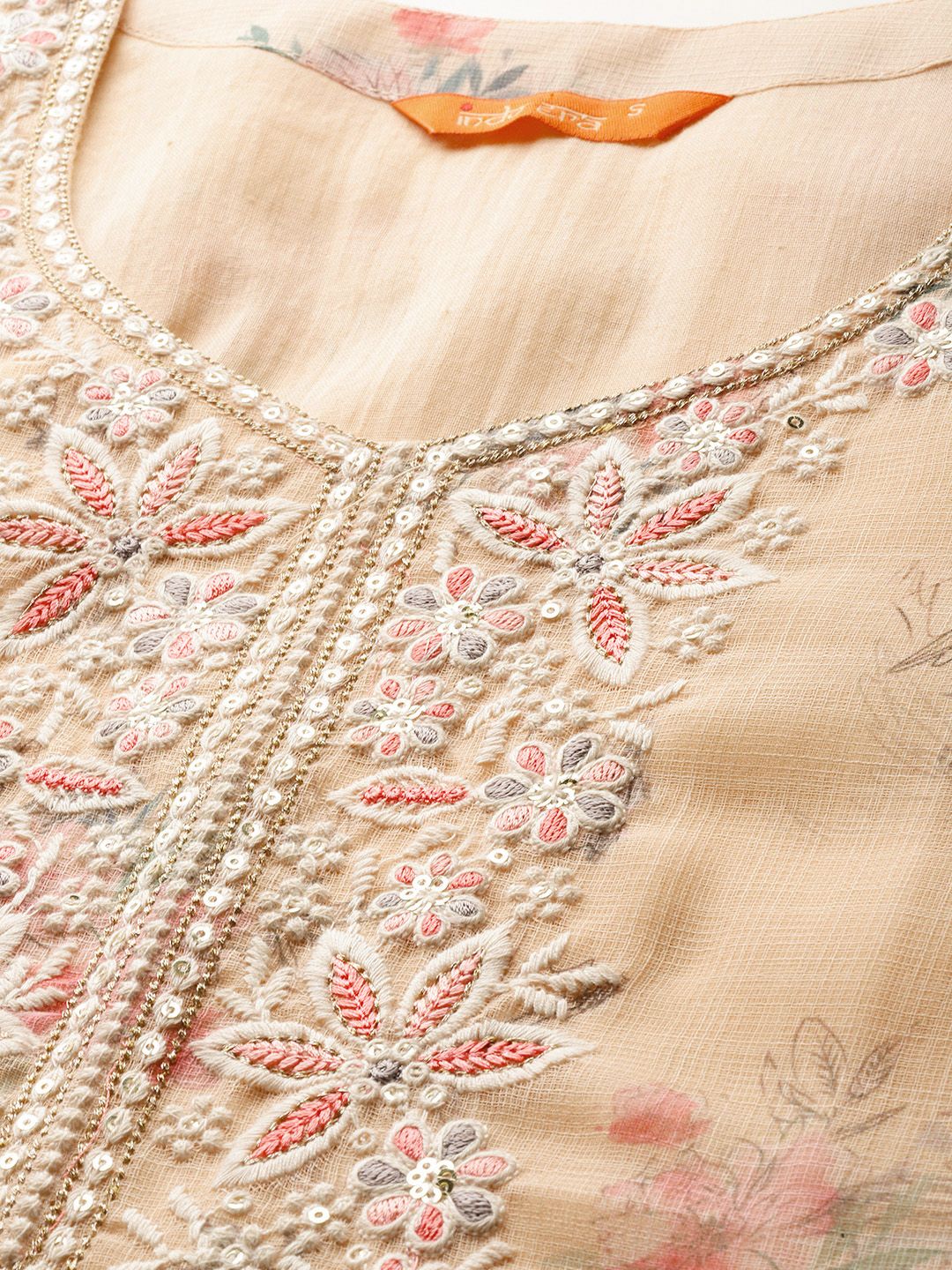 Floral Embroidered Sequinned Linen Kurta with Trousers & With Dupatta