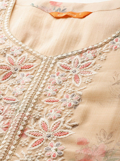 Floral Embroidered Sequinned Linen Kurta with Trousers & With Dupatta