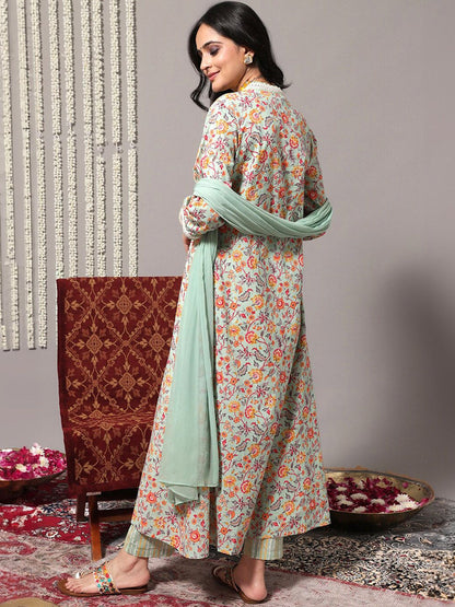 Dhiyona VA Women'sFloral Printed Empire Mirror Work Kurta With Trousers & Dupatta