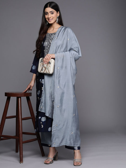 Dhiyona VA Women'sFloral Yoke Design Sequinned Chanderi Silk Kurta with Trousers & With Dupatta