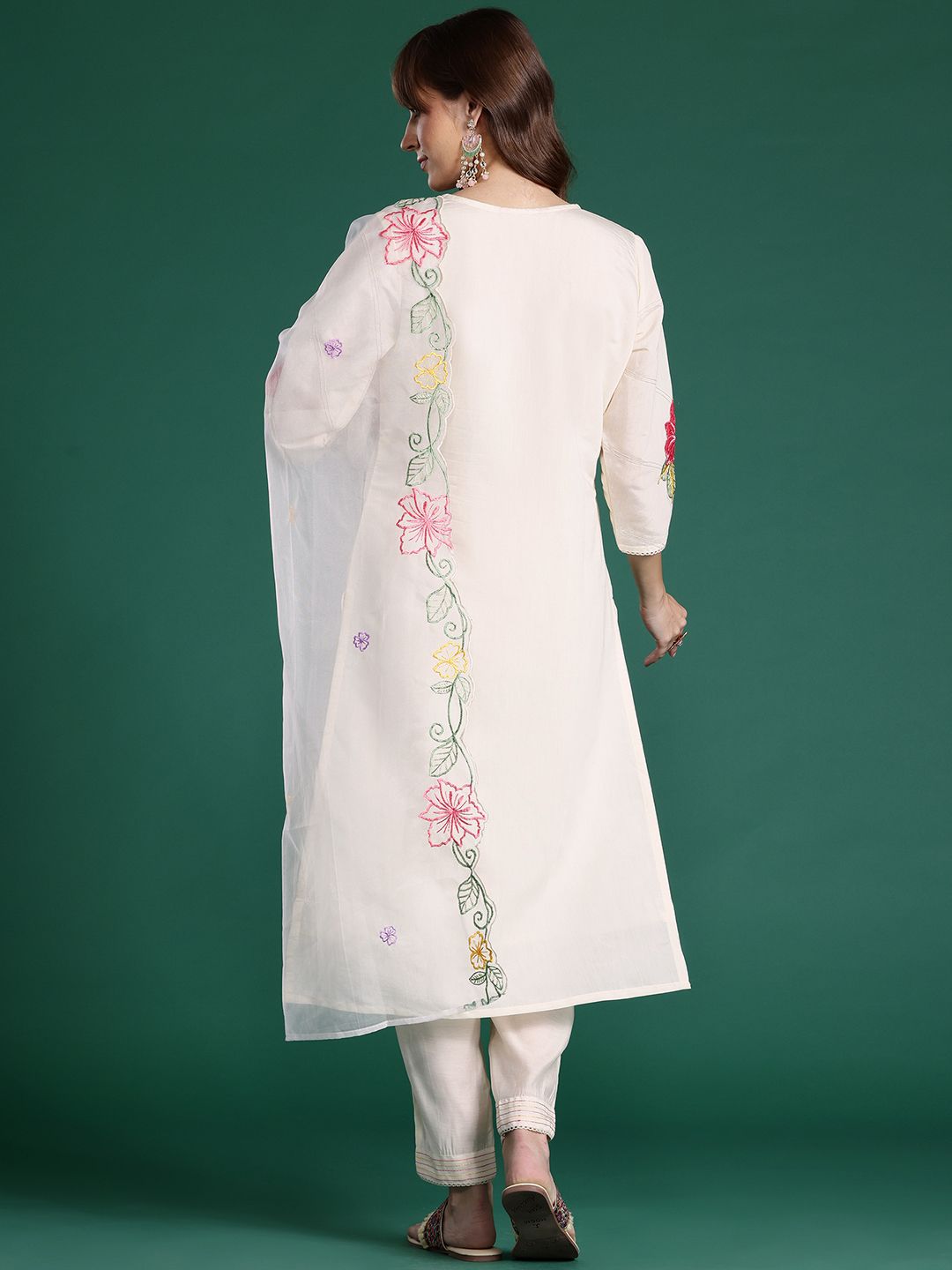 Floral Embroidered Thread Work Kurta with Trousers & With Dupatta