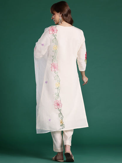 Floral Embroidered Thread Work Kurta with Trousers & With Dupatta