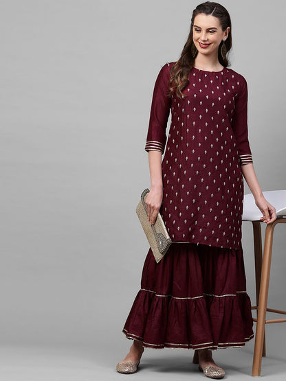 Dhiyona IE Women Burgundy Embroidered Kurta with Sharara