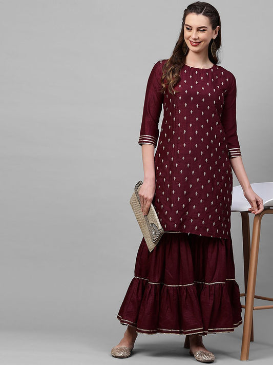 Dhiyona IE Women Burgundy Embroidered Kurta with Sharara