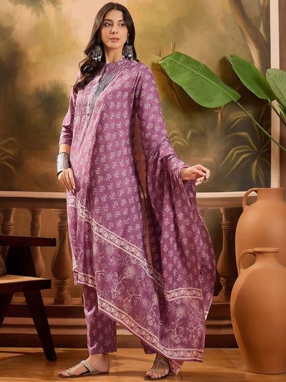 Dhiyona SN Women's Printed Pure Cotton Straight Kurta & Trousers With Dupatta