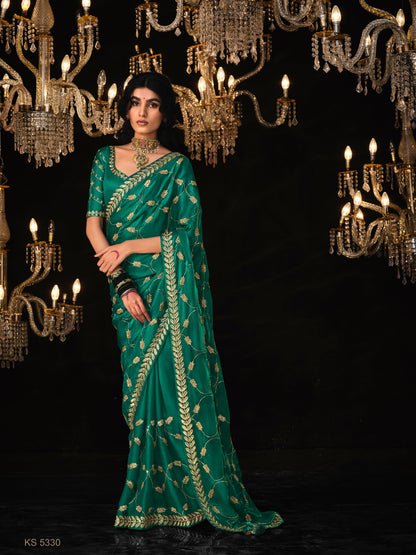 Dhiyona KM Women Deep Green Saree With Silver Embroidery