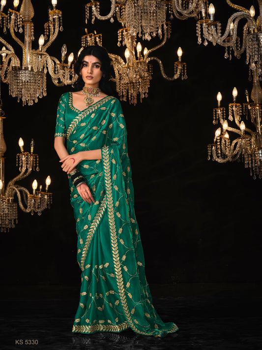 Dhiyona KM Women Deep Green Saree With Silver Embroidery