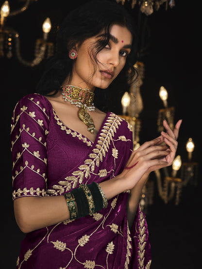 Dhiyona KM Women Regal Dreams In Violet-Wine Silk Saree With Gold Embroidery