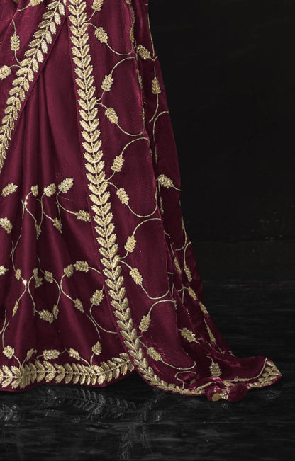 Dhiyona KM Women Maroon Saree With Luxurious Gold Embroidery - Kimora'S Royal Collection