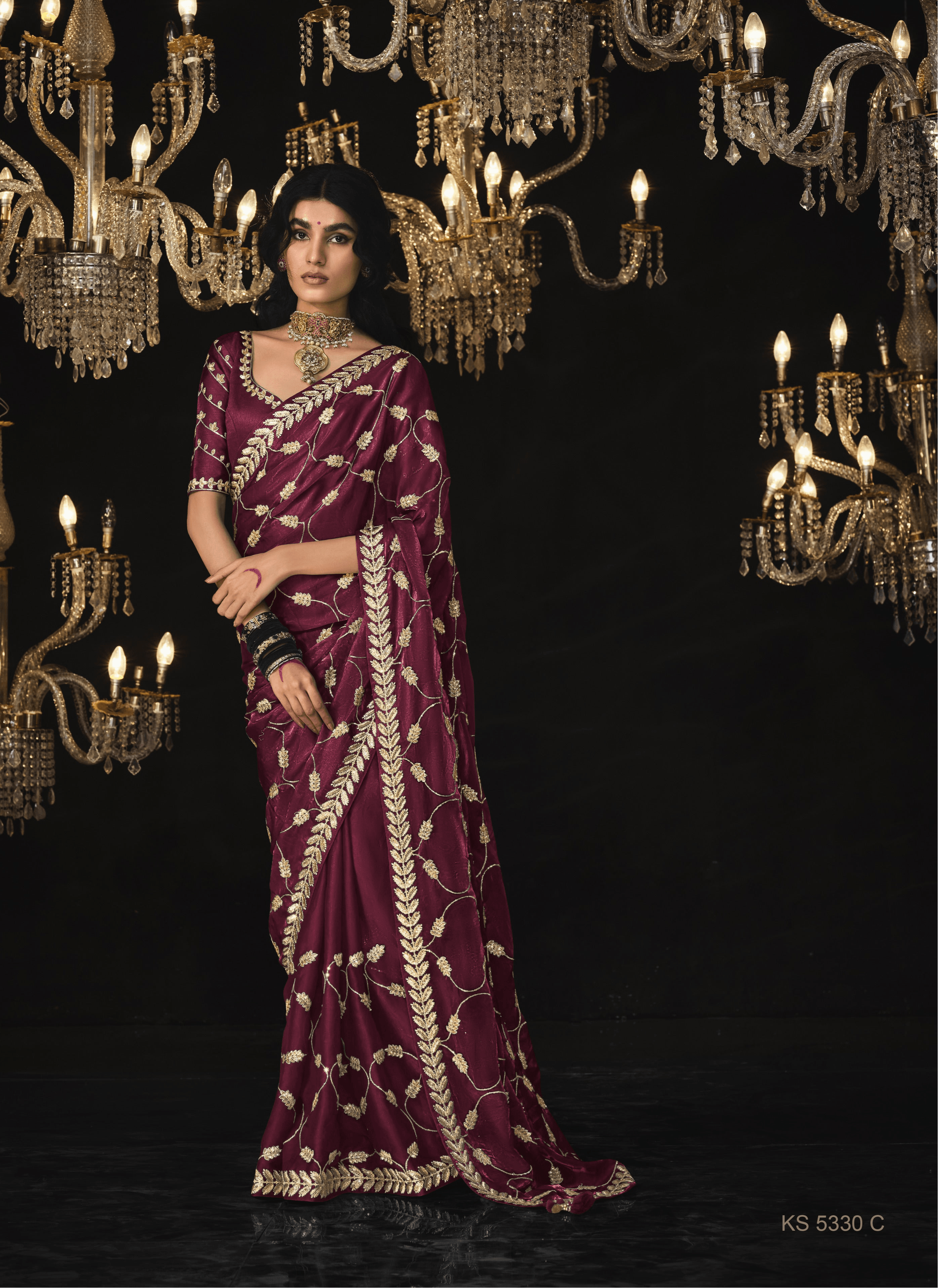 Dhiyona KM Women Maroon Saree With Luxurious Gold Embroidery - Kimora'S Royal Collection