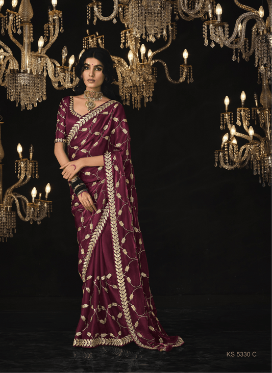 Dhiyona KM Women Maroon Saree With Luxurious Gold Embroidery - Kimora'S Royal Collection