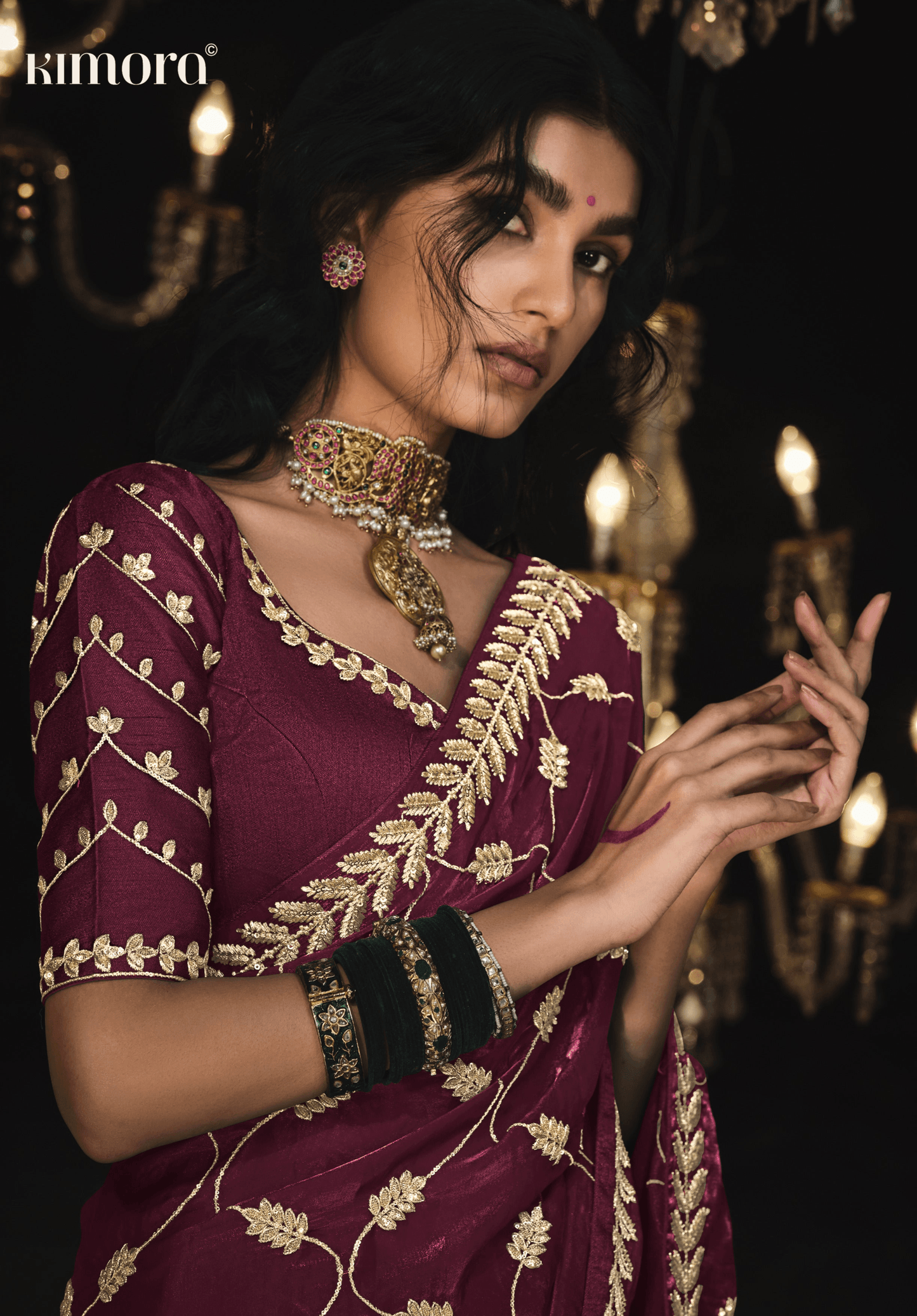 Dhiyona KM Women Maroon Saree With Luxurious Gold Embroidery - Kimora'S Royal Collection