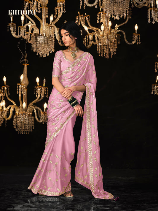 Dhiyona KM Women Light Pink Silk Saree With Golden Sequin Work