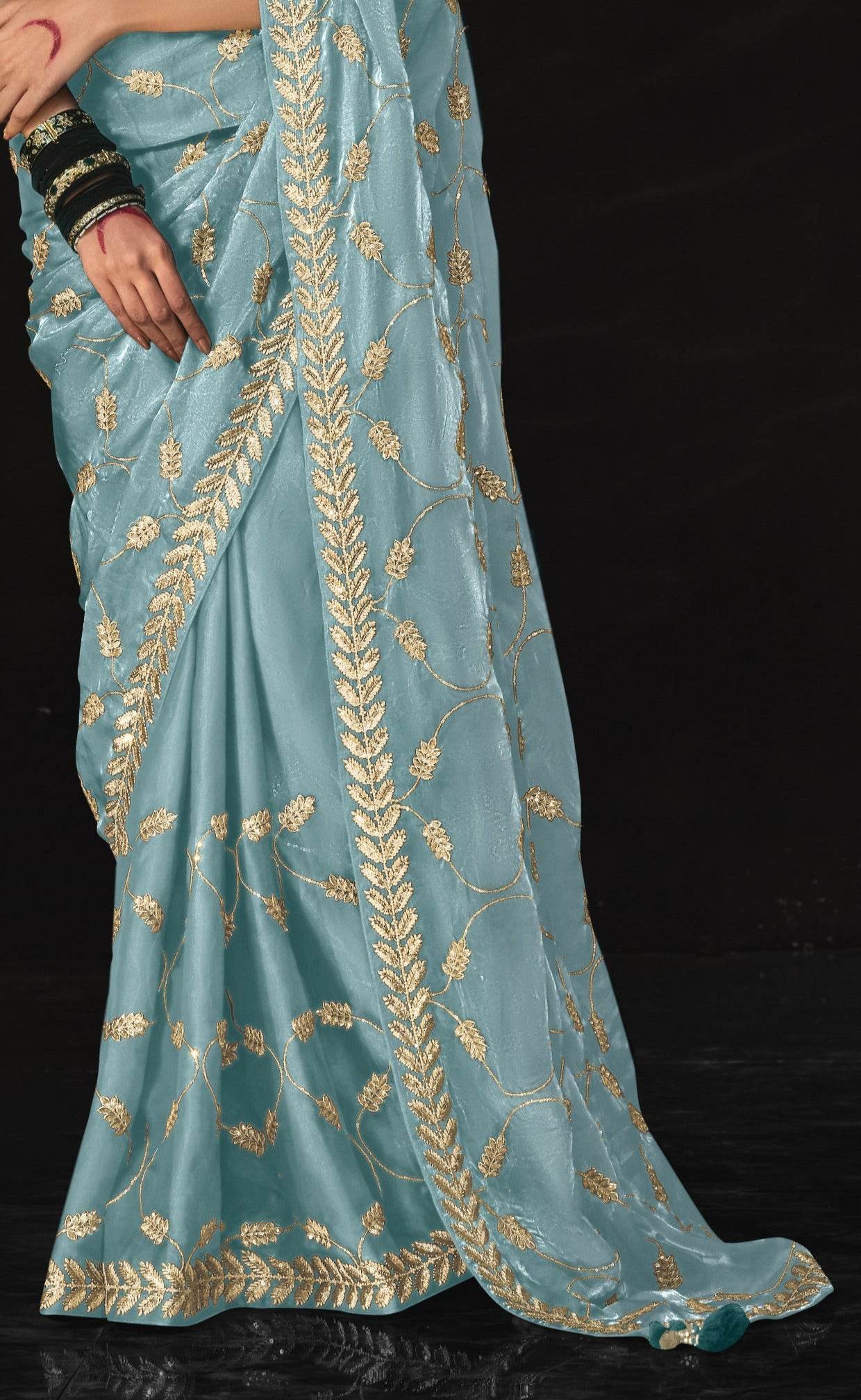 Dhiyona KM Women Sky Blue Saree With Silver Embroidery