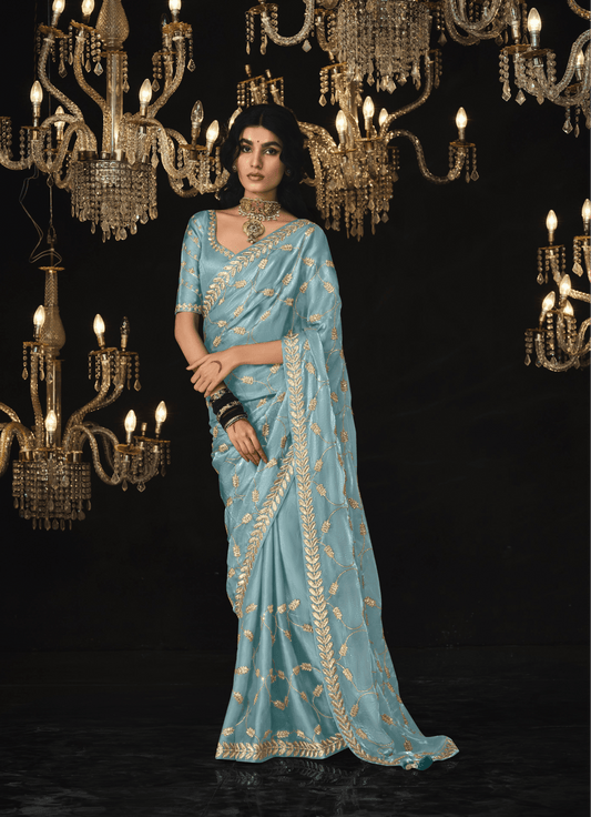 Dhiyona KM Women Sky Blue Saree With Silver Embroidery