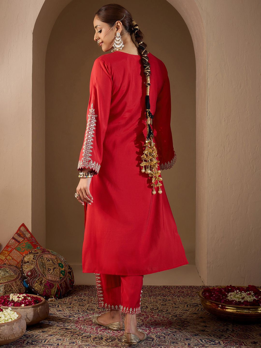Women Ethnic Motifs Embroidered Regular Sequinned Kurta with Trousers