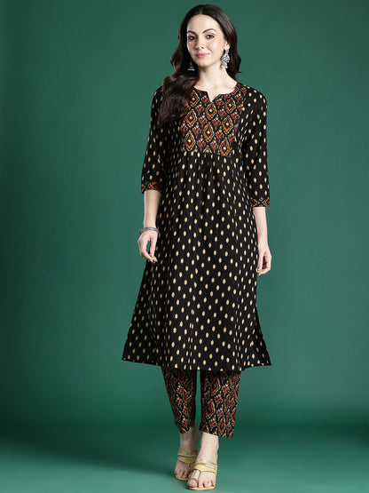 Dhiyona IE Printed Pleated Pure Cotton Kurta with Trousers